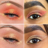 Collage of close up eye swatches on fair and medium skin tone of Fruit Fizz and Effervescent