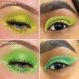 Collage of close up eye swatches on fair and medium skin tone of Cactaceae and Dragonfly
