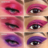 Collage of close up eye swatches on fair and medium skin tone of Sweetened, Exotic and Prickly