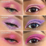 Collage of close up eye swatches on fair and medium skin tone of Dragontini, Infusion and Hylocereus