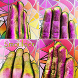 Finger swatches of Smoulder Jewelled Multichrome Eyeshadow angle shifts magenta-orange-gold-lime