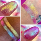 Collage of comparison hand and finger swatches on fair and deep skin tones of Tropio versus Pitaya Fruitlighters