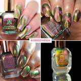 Collage of nails done with Synesthesia nail lacquer done on fair, medium and deep skin tones and a close up image of the nail lacquer bottle.
