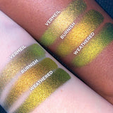 Top Angled arm swatches on fair and deep skin tones of Burnish Jewelled Multichrome Eyeshadow shifts compared to Vermeil, Weathered