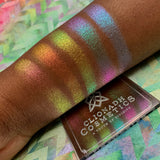 Right angled arm swatches on deep skin tone of Ochre Deep Iridescent Multichrome Eyeshadow shifts compared to Azure, Verte, Burnt Sienna, Vermilion
