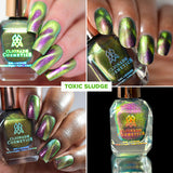 Collage of nails done with Toxic Sludge nail lacquer on fair, medium and deep skin tone and a close up of the nail lacquer bottle.