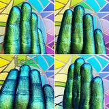 Finger Swatches of Trefoil Jewelled Multichrome Eyeshadow angle shifts lime-emerald-turquoise-blue