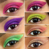 Collage of close up eye swatches on medium skin tone from the Dragon Fruit Palette featuring Sweetened, Exotic, Prickly, Catacae, Dragonfly, Fruit Fizz, Effervescent