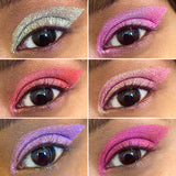 Collage of close up eye swatches on medium skin tone from the Dragon Fruit Palette featuring Bubbles, Refresh, Strawberry Pear, Dragontini, Infusion, Hylocereus