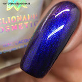 Close up of one nail done with UV Nail Lacquer over a black base on medium skin tone