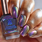 Close up of nails done with Warped nail lacquer featuring a design to show off the magnetic effect  on deep skin tone.