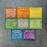 Top angled Majesty Vibrant Multichrome Eyeshadow pan in Vibrant Multichrome Eyeshadow Bundle with Royalty, Throne, Heirloom, Courtyard, Lineage, Crown Jewel, Bloodline
