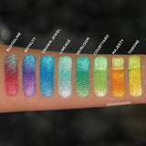 Straight on arm swatches of the Vibrant Multichromes on fair skin. Featuring: Bloodline, Royalty, Crown Jewel, Lineage, Heirloom, Courtyard, Majesty and Throne.