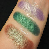 Top angled arm swatches on fair skin tone of Toadstool Duochrome Eyeshadow compared to Hex, Morgana