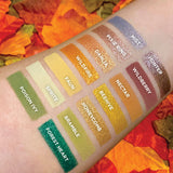 Top angled arm swatches on fair skin tone of The Woodlands Collection including Dahlia Duochrome Eyeshadow, Mist, Hunter, Pixie Ring, Wildfire, Honeycomb, Forest Heart, Beehive